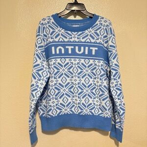 Intuit Blue/White Crew Neck Ugly Christmas Knit Sweater Size Medium Blue White